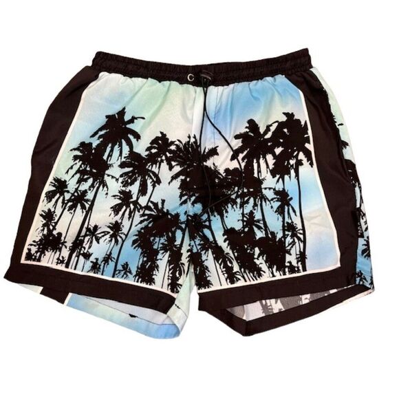BoohooMAN Silky Tropical Palms Print Shorts Elastic Drawstring Waist Size Medium - Picture 1 of 11